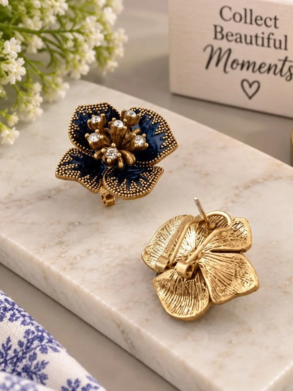 Artisan Gold & Blue Floral Statement Earrings 1.18” NWT